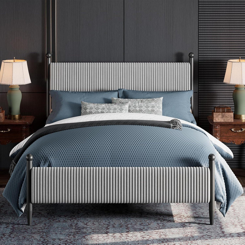 Structure de lit rembourrée avec tête de lit en velours, plateforme en velours côtelé et lattes de bois, aucun sommier nécessaire