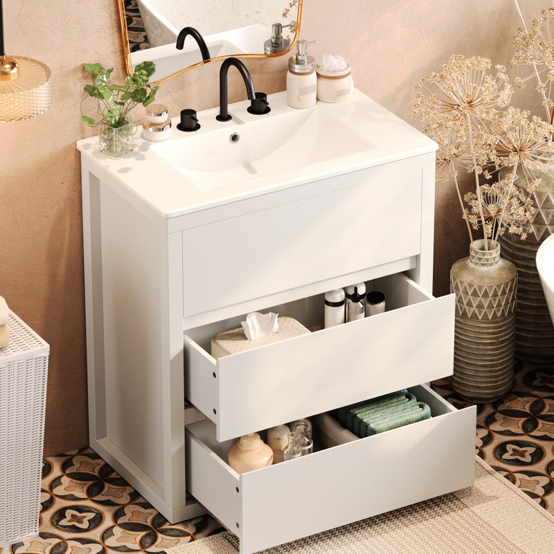 Meuble-lavabo de 30 po de conception américaine, comptoir en céramique brillante, 45 tiroirs biseautés sans poignée, meuble-lavabo à finition blanche avec comptoir et lavabo, 2 tiroirs