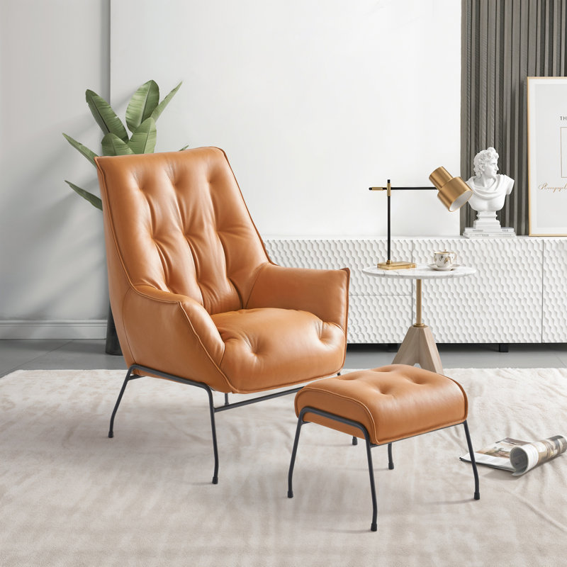 Fauteuil d'appoint capitonné avec repose-pieds Veranzano, Cuir véritable orange