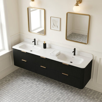 Meuble-lavabo double autoportant cannelé 84 po avec plateau en acrylique noir 84 po