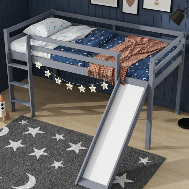 Twin Low Loft Bed With Slide, Ladder, Guardrails, Grey, Twin, Gray