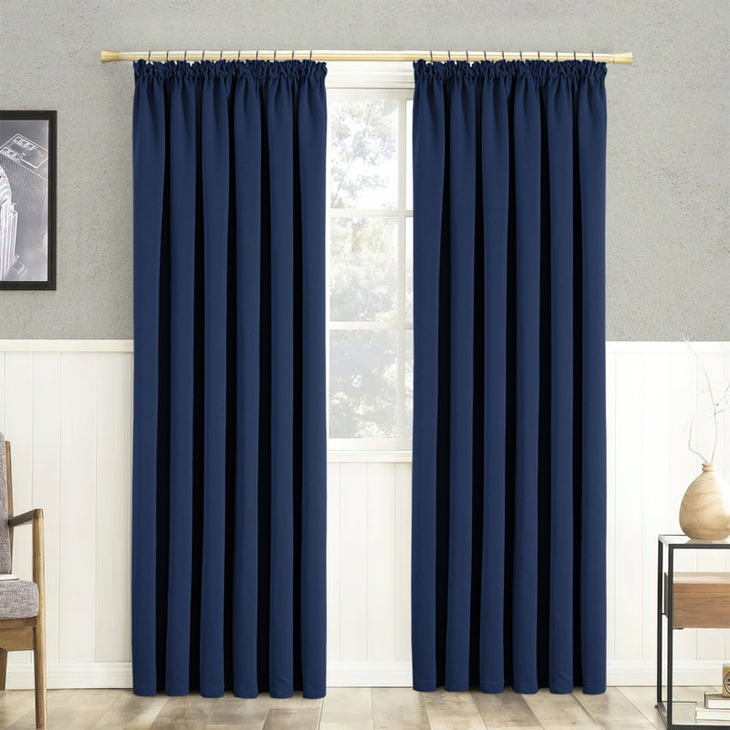 100% Polyester Blackout Pencil Pleat Room Darkening 230 GSM Curtains (Set of 2), Navy, 117cm Width x 137cm Drop