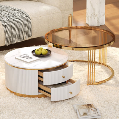 Table basse gigogne moderne 2 pièces avec tiroirs et plateau en verre trempé brun moderne 27,6