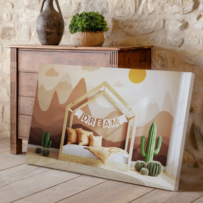 Toile, chambre à coucher pour enfants douillette, art mural mural du désert fantaisiste avec des couleurs douces et discrètes mettant en vedette des montagnes arrondies sur toile