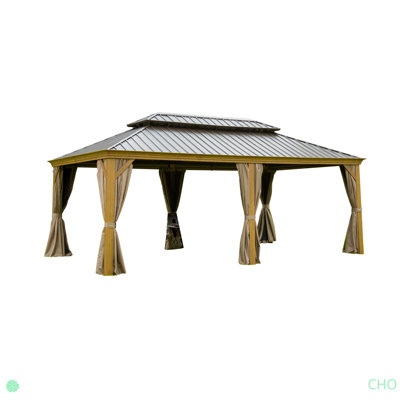 Hardtop Gazebo Outdoor Aluminum Wood Grain Gazebos With Galvanized Steel Double Canopy For Patios Deck Backyard,Curtains&Netting (Wood-Looking)