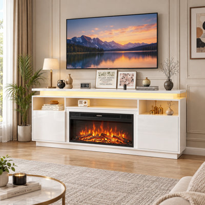 Meuble télé moderne de 67,5 pouces pour téléviseurs jusqu'à 70 pouces, avec foyer électrique de 36 pouces, 8 couleurs de flamme et éclairage d'ambiance à 12 couleurs.