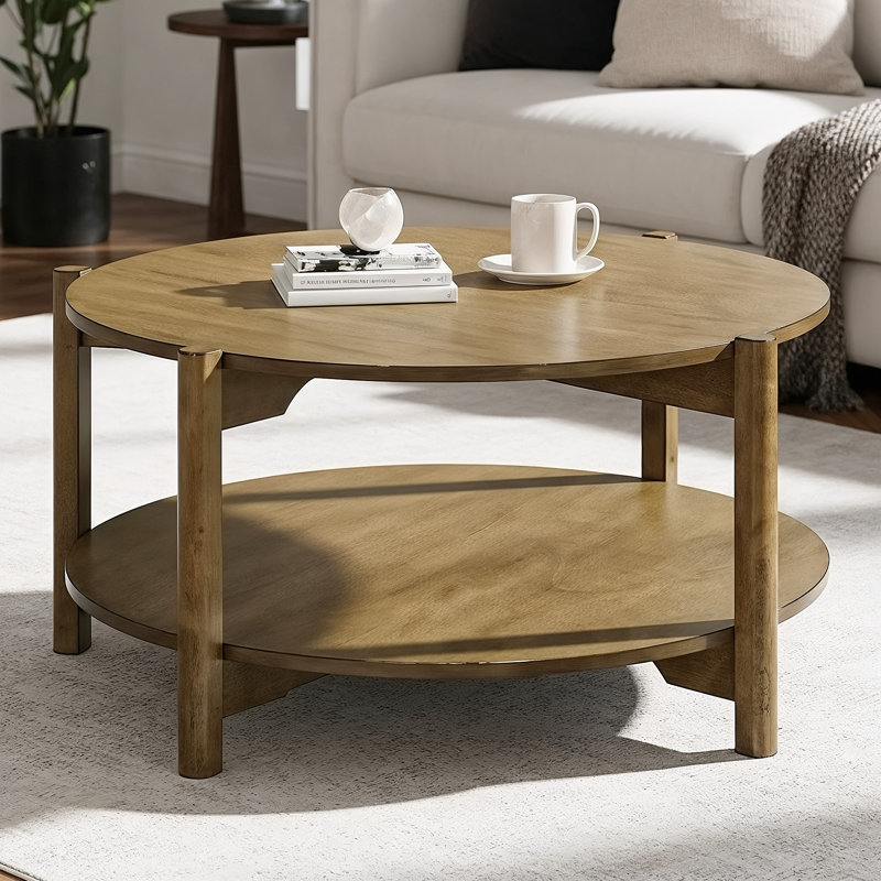 Table basse ronde en bois massif avec tablette Timber