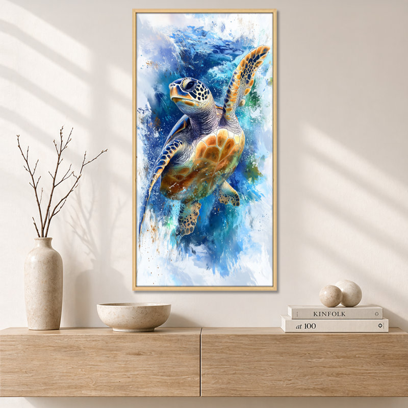 «Blue Green Turtle Ocean Texture II», reproduction d'art sur toile encadrée bleue, H 40 po x l 20 po, Cadre naturel flottant