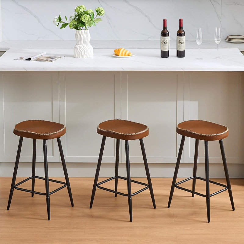 Tabourets de comptoir en simili cuir sans dossier pour îlot de cuisine (ensemble de 3), Brun, 3