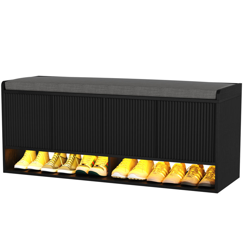 47.24''w Fluted Entryway Shoe Storage Bench With 4 Doors And Adjustable Shelf, Black