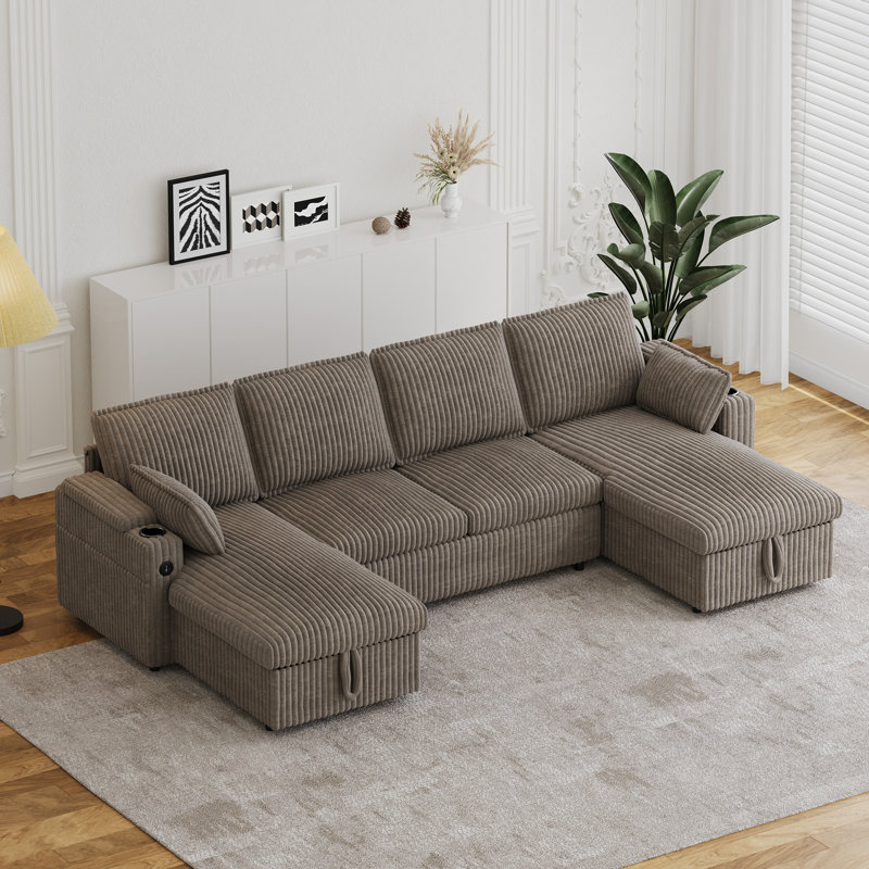 104''W U Shaped Corduroy Sectional Sofa With Storage Chaises And Pull Out Bed, Gray Corduroy