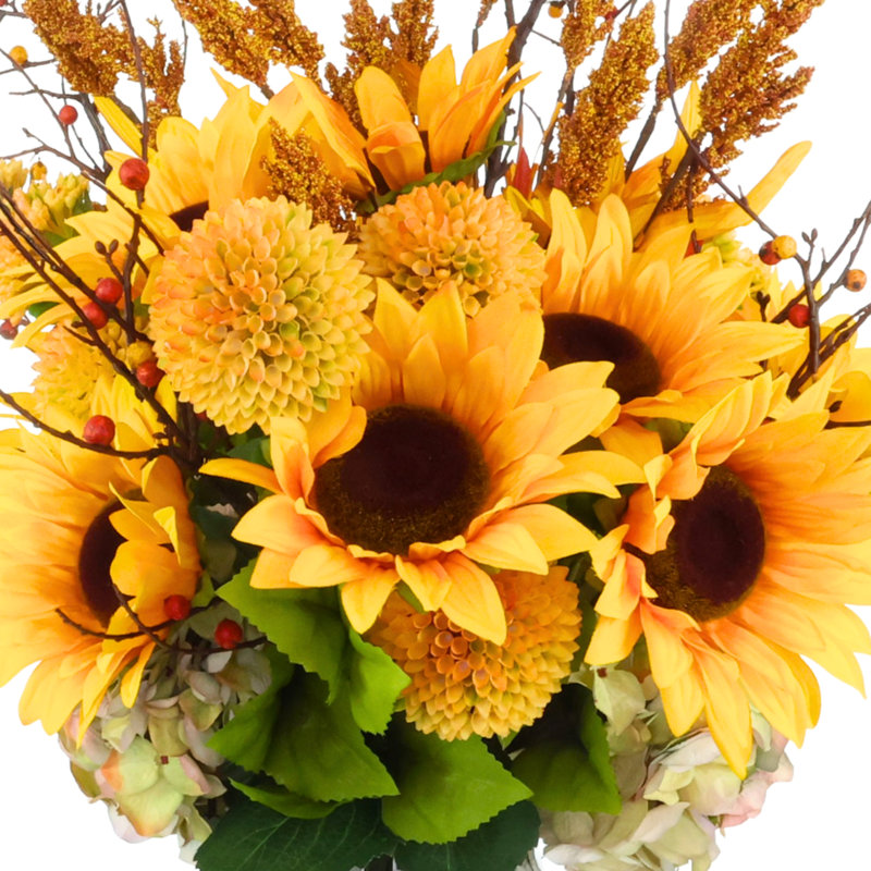 Sunflower, Hydrangea and Dahlia Fall Arrangement in a Glass Vase