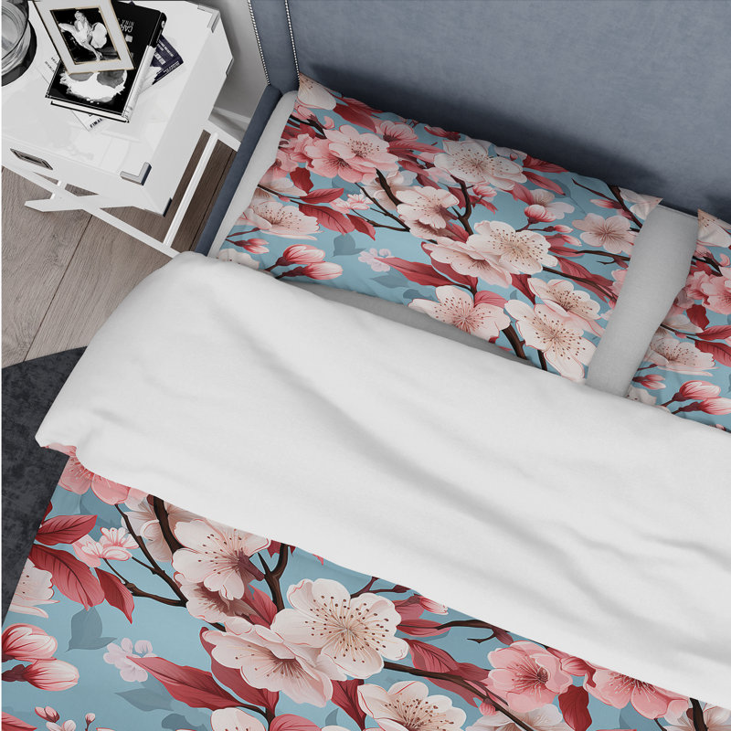 Ensemble de housse de couette en microfibre Cherry Blossom Bliss II, Housse de couette simple + 1 taie décorative stan