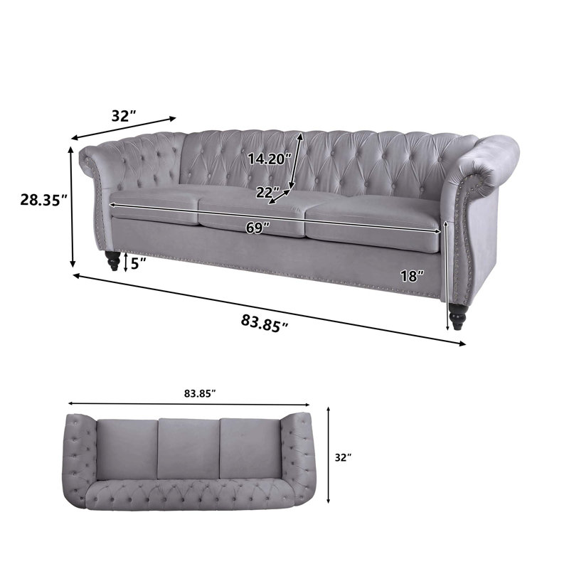 Jemotte 83.85'' Upholstered Velvet Sofa, Gray Velvet