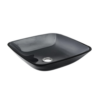 Square Grey Vessel Sink Above Counter, Tempered Glass, Pop - Up Drain For Hygiene, 16X16x4.23 Inches, Easy Installation Glass Bathroom Grey, Optimized Drainage, Smooth Surface