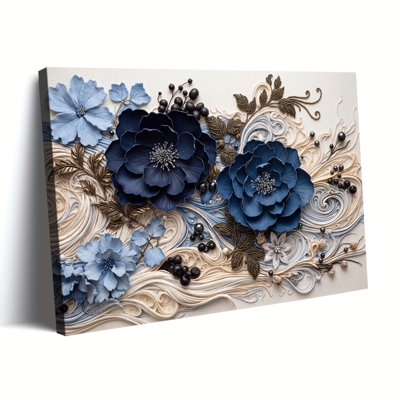 Toile tendue avec châssis luxueux floral bleu avec accents dorés et perlés