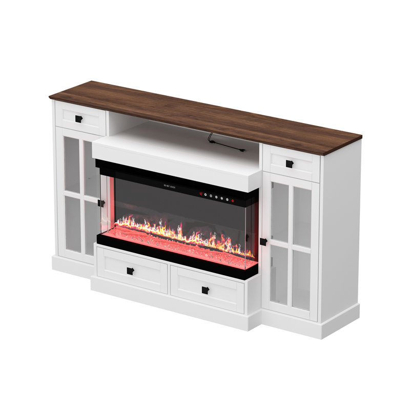 Moderne 55 po Meuble télé avec foyer blanc avec flammes à DEL de 12 couleurs, télécommande, chaleur réglable et éclairage d'armoire RVB