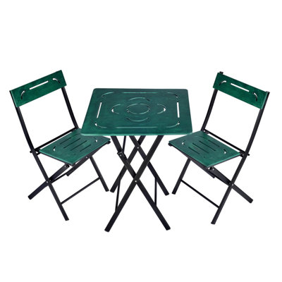 Ensemble de table et chaises de jardin 3 pièces, vert et noir, table 23,6 po x 28,7 po x 23,6 po | Chaises 15,7 x 32,7 x 15,7 pouces | 100% panneau de fibres à densité moyenne avec pieds en métal, rangement supplémentaire, conception polyvalente pour les jardins traditionnels et industriels