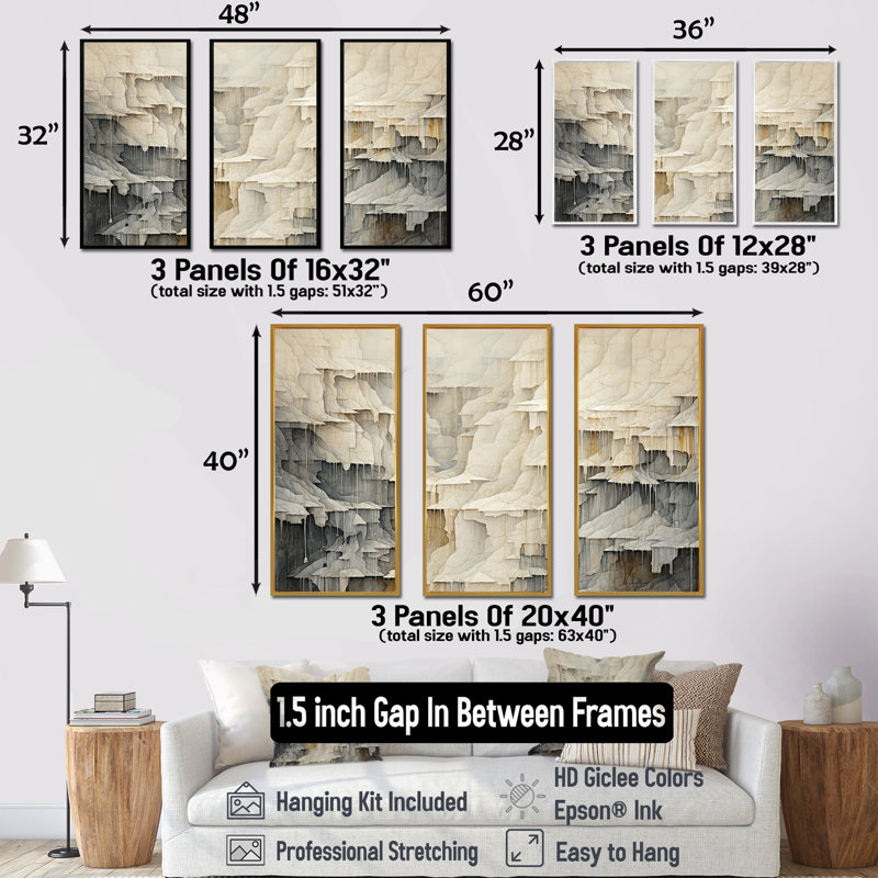 Beige et gris, simple cascade de falaise, H 28 po x l 36 po x P 1 po, Cadre naturel flottant