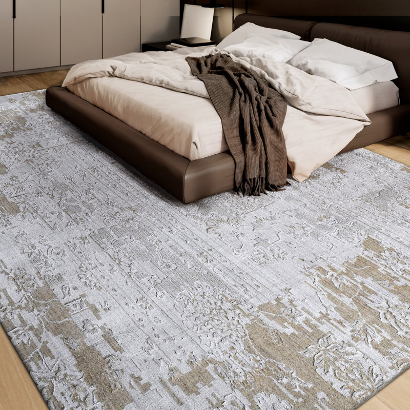 Tapis gris / beige noué à la main de haute qualité, Rectangle 8 pi x 10 pi