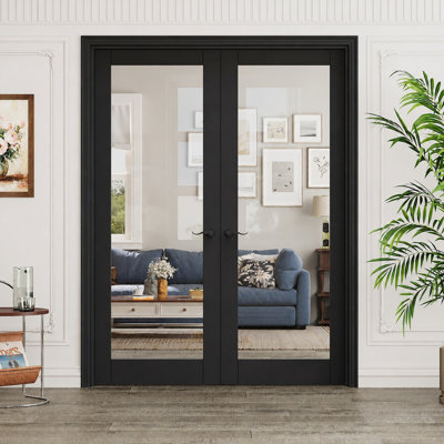 Interior French Doors, 1-Lite Black Frame & Clear Glass Door, CARB P2 MDF & SGCC Tempered Glass French Doors, Matte Black-Privacy Door Lever with Lock, Latch & Hinges, Pre‑Finished & Scratch‑Resistant, for Pantry, Bedroom, Bathroom & Closet, 56"x 80"