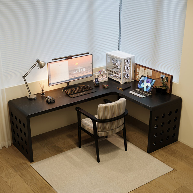 Bureau en L noir en bois massif, H 29,53 po x l 55,12 po x P 47,24 po