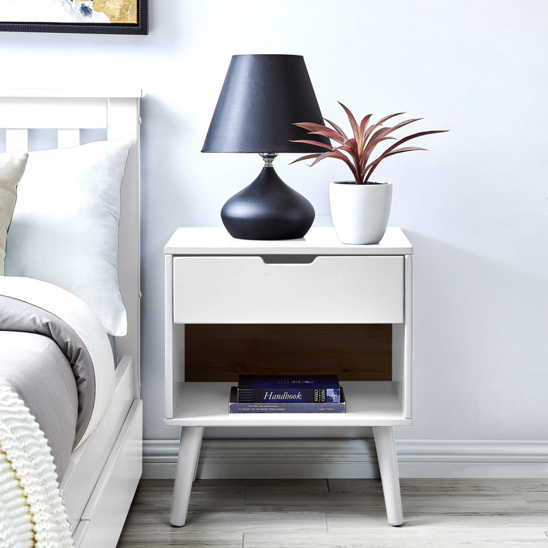 Zaina Solid Wood Bedside Table Tapered Legs 1 Drawer Modern Minimalist Design, White