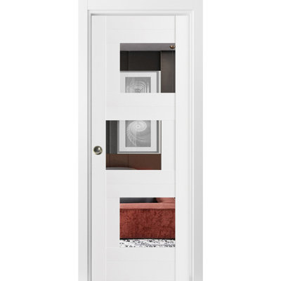 Pocket Door 24 x 96 inches with Opaque Glass Sete 6999 White Silk with Mirror Kit Rail Hardware MDF Interior Bedroom Modern Doors