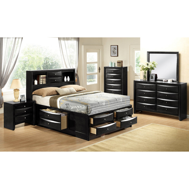 King Platform Bed With Solid Wood Construction And Black Headboard Storage Contemporary Bedroom Bookcase Side In, Black, King