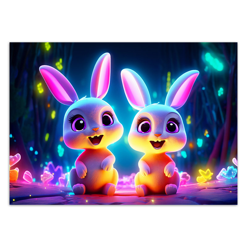 Mural, Cartoon Bunny Neon - No Frame Print on Canvas, 80cm H x 120cm W