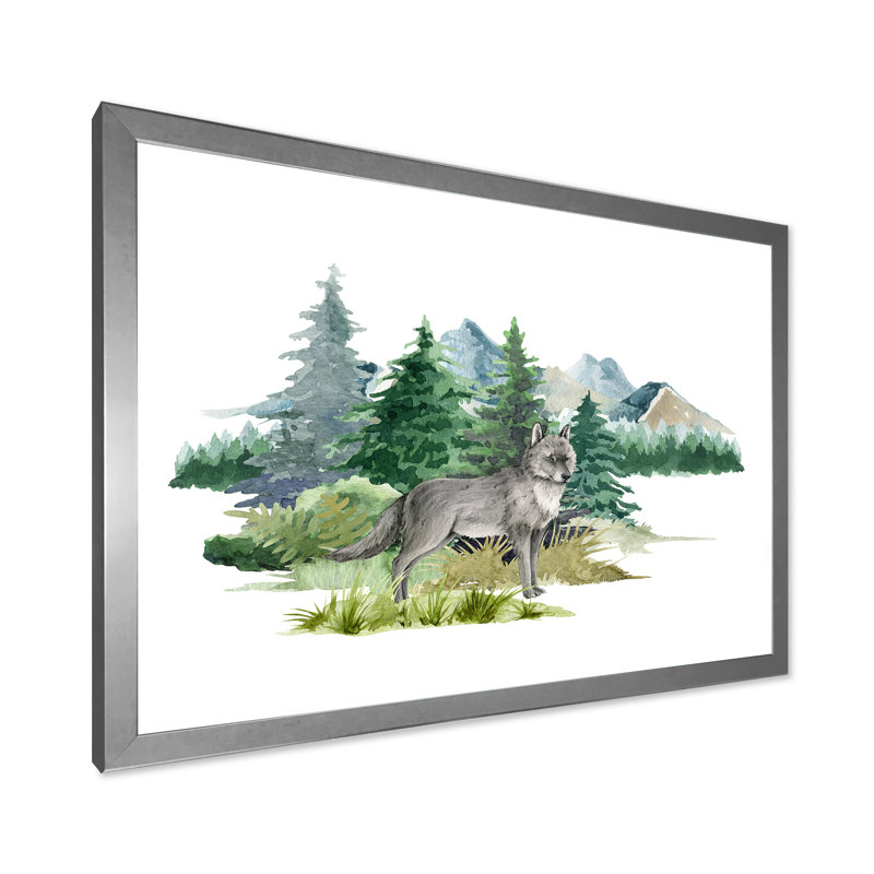 Loup dans un paysage de forêt - peinture sur toile, H 12 po x l 20 po, Cadre photo argenté