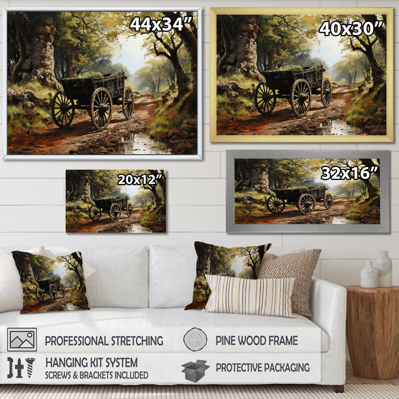 Brown Old Cart Cart Path - Old American Cart Printed Canvas Art, Gold Floater Framed, 16" H x 32" W x 1" D