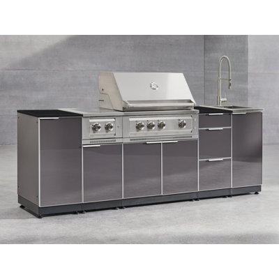 Outdoor Grill Island Aluminum Slate Gray 4 Piece Cabinet Set with 1 Door, Grill Cabinet, 40" Liquid Propane Gas Performance Grill and 16" Dekton Black Top