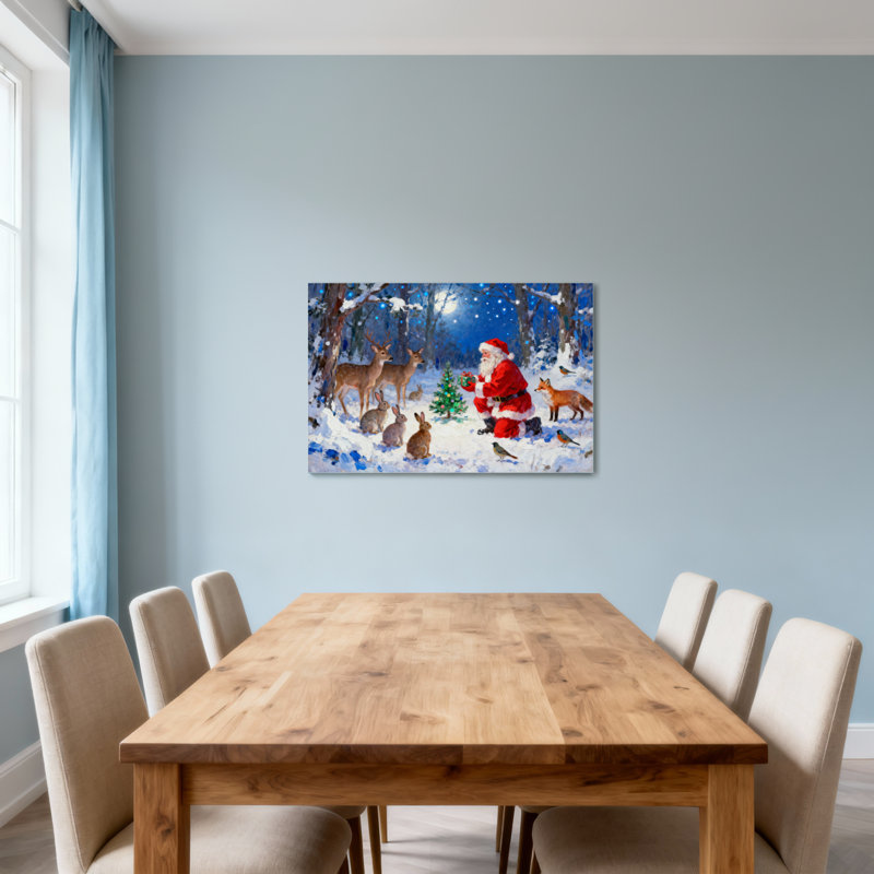 Noël père Noël dans la forêt d'hiver avec des animaux, H 28 po x l 40 po