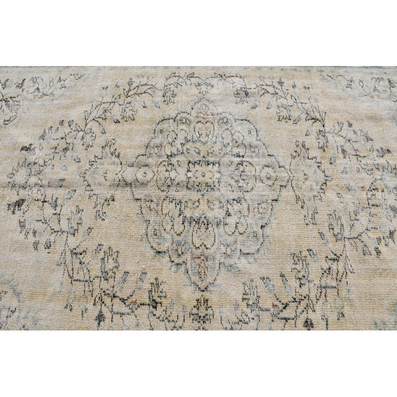 Tapis turc rétro Oushak - fait à la main en laine de style antique oriental nomade brun / beige