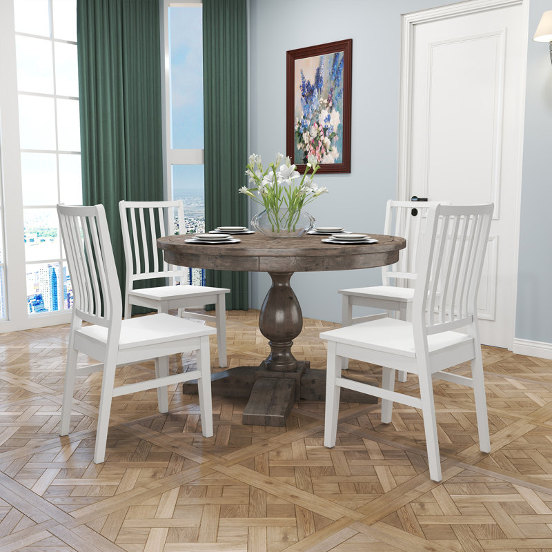 5-Piece Dining Set Mid-Century Modern Wooden Table & Upholstered Chair Set For Home, Kitchen, Dining Room, White, Brown
