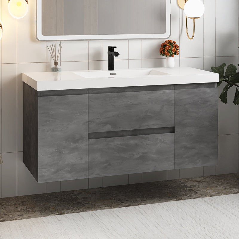 Ensemble de meuble-lavabo mural simple 48 po avec plateau en résine 48 po, Gris Pierre