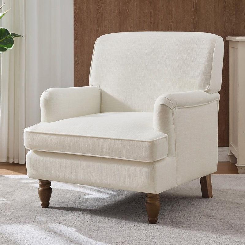 Chaise d'appoint rembourrée en lin vintage avec pieds en bois massif antique - Fauteuil beige pour salon, coin lecture pour chambre à coucher