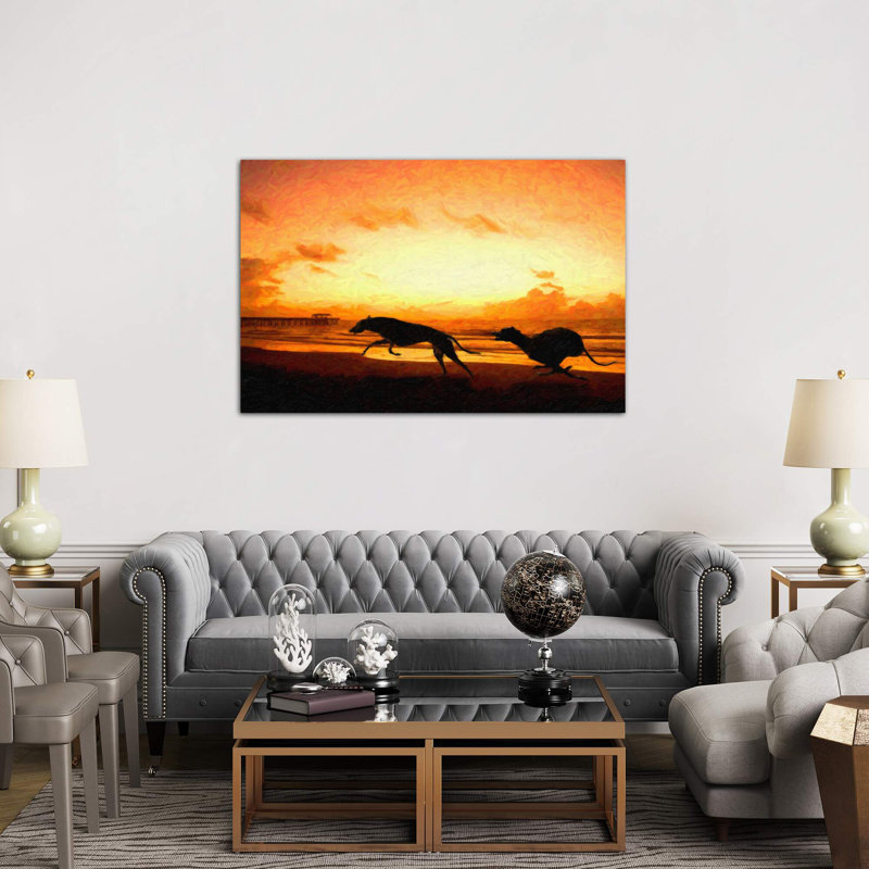 Greyhounds On Beach At Sunset by Michael Tompsett - Print on Canvas, No Frame, 66.04 cm H x 45.72 cm W x 3.175 cm D