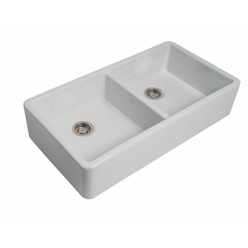 Stonyhurst - 39.3″ L X 21.1″ W Fireclay Double Bowl Apron / Farmhouse Kitchen Sink, Gloss White