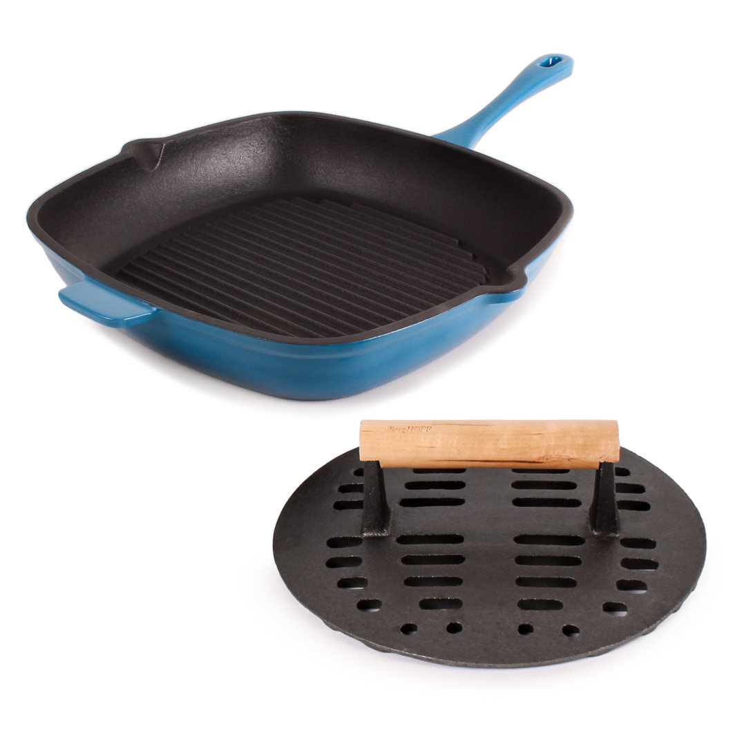 BergHOFF Neo 2Pc Cast Iron Grill Pan with Steak Press, Blue BergHOFF