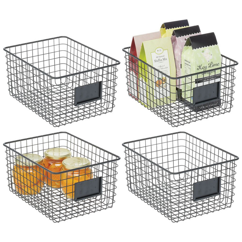 Metal Pantry Basket with Label Plate for Kitchen Organization and Storage - Set of 4 - Matte Black