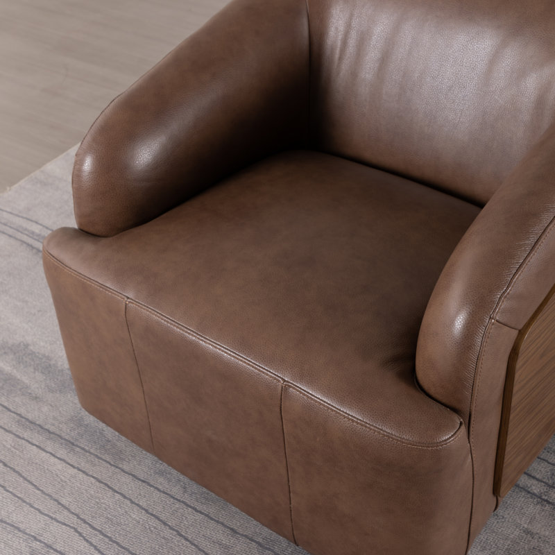 Genuine Leather Swivel Barrel Chair, Yellow Brown