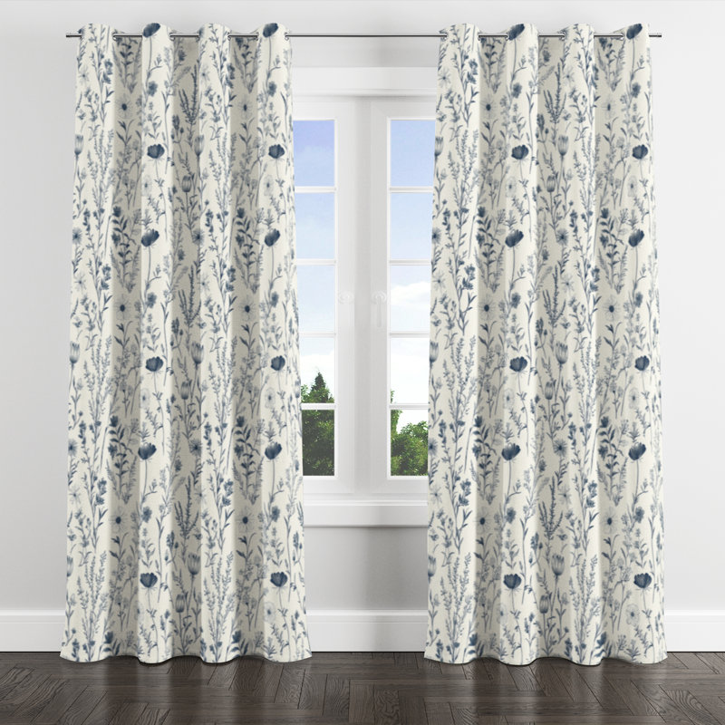 French Country Room Darkening Curtains - Blue Meadow Toile Velvet Grommet Curtain - 1 Panel, 52" W x 84" L, Silver Grommets