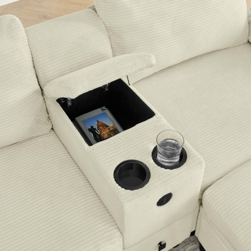 Canapé modulaire moderne en L avec rangement tout-en-un, poches d'accoudoirs de rangement latérales, console centrale avec porte-gobelet, repose-pieds avec rangement relevable, siège multi-siège confortable