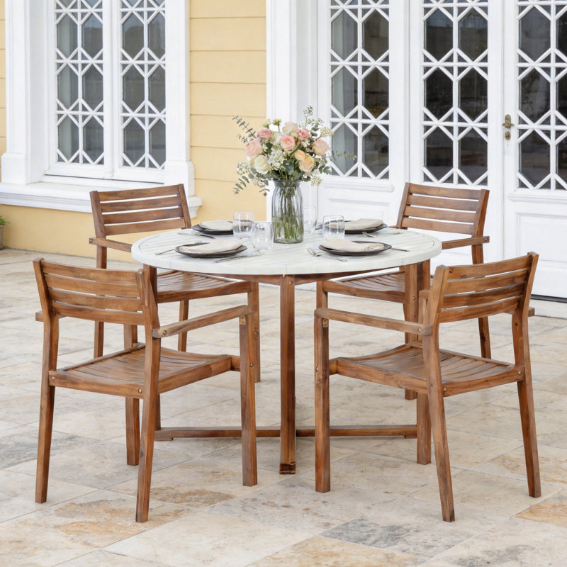 Ensemble de salle à manger pour 4 personnes en bois d'acacia avec table ronde pour patio, jardin, bord de piscine, pelouse et intérieur 