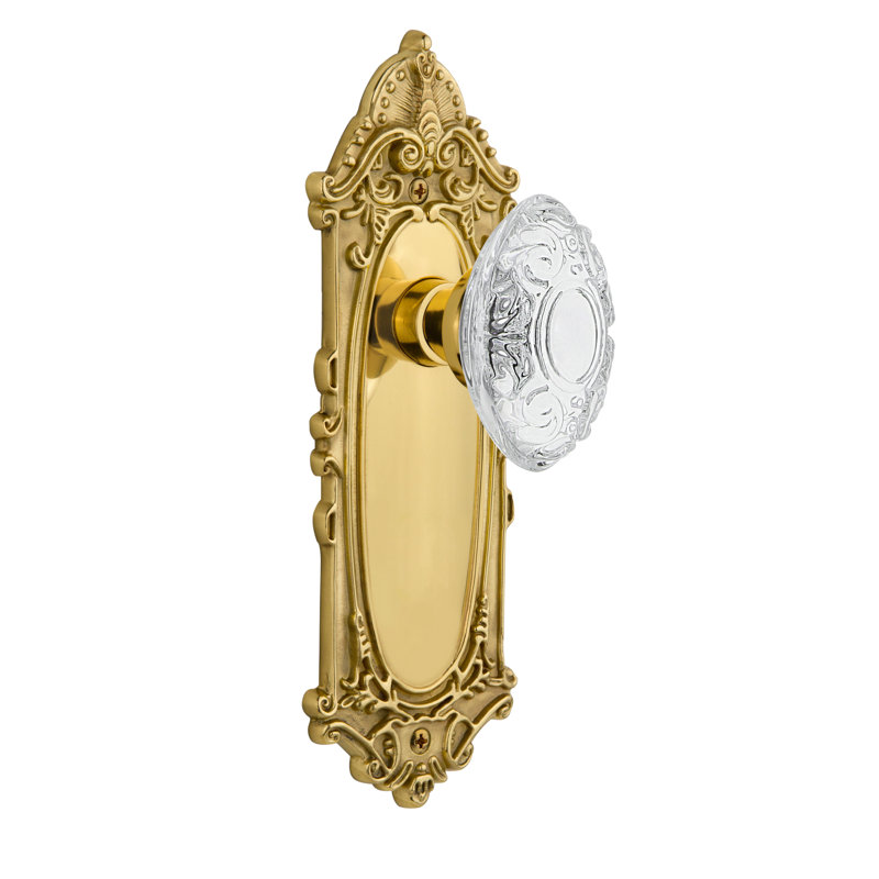 Victorian Plate with Crystal Victorian Knob, Unlaquered Brass, 2-3/8”