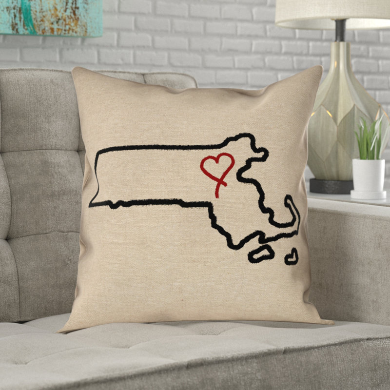 Oreiller Katelyn Smith Massachusetts Love Outline, 14 po x 14 po, Housse / couvercle, Simili daim