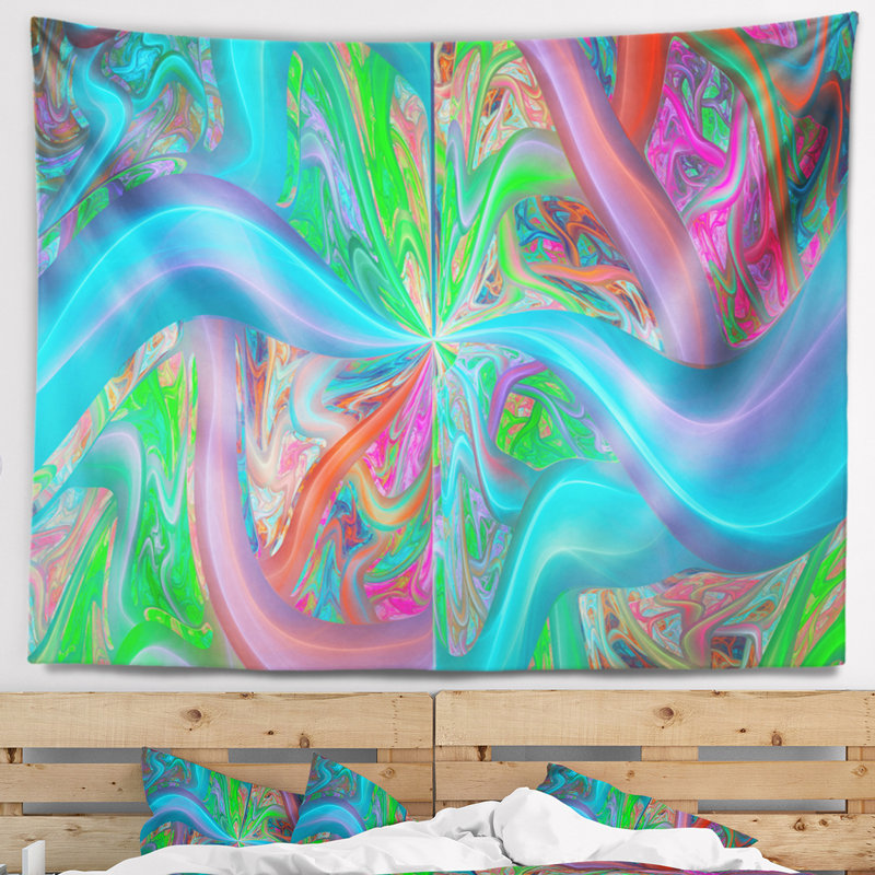 Tapisserie abstraite aux courbes fractales bleues et vertes, H 50 po x l 60 po
