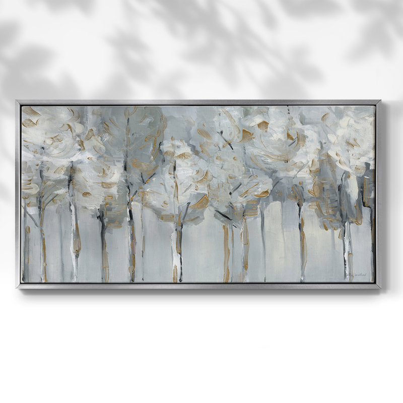 Silver and Gold Tree Line- Framed Gallery Wrapped Canvas -Ready to Hang, Silver, 17" H x 33" W